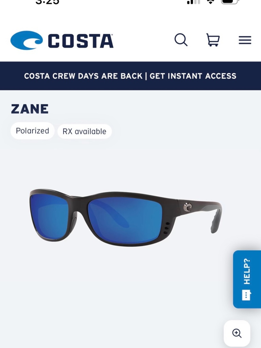Costa Zane Polarized Sunglasses 580P Blackout Blue Mirrored Lenses Black Frame